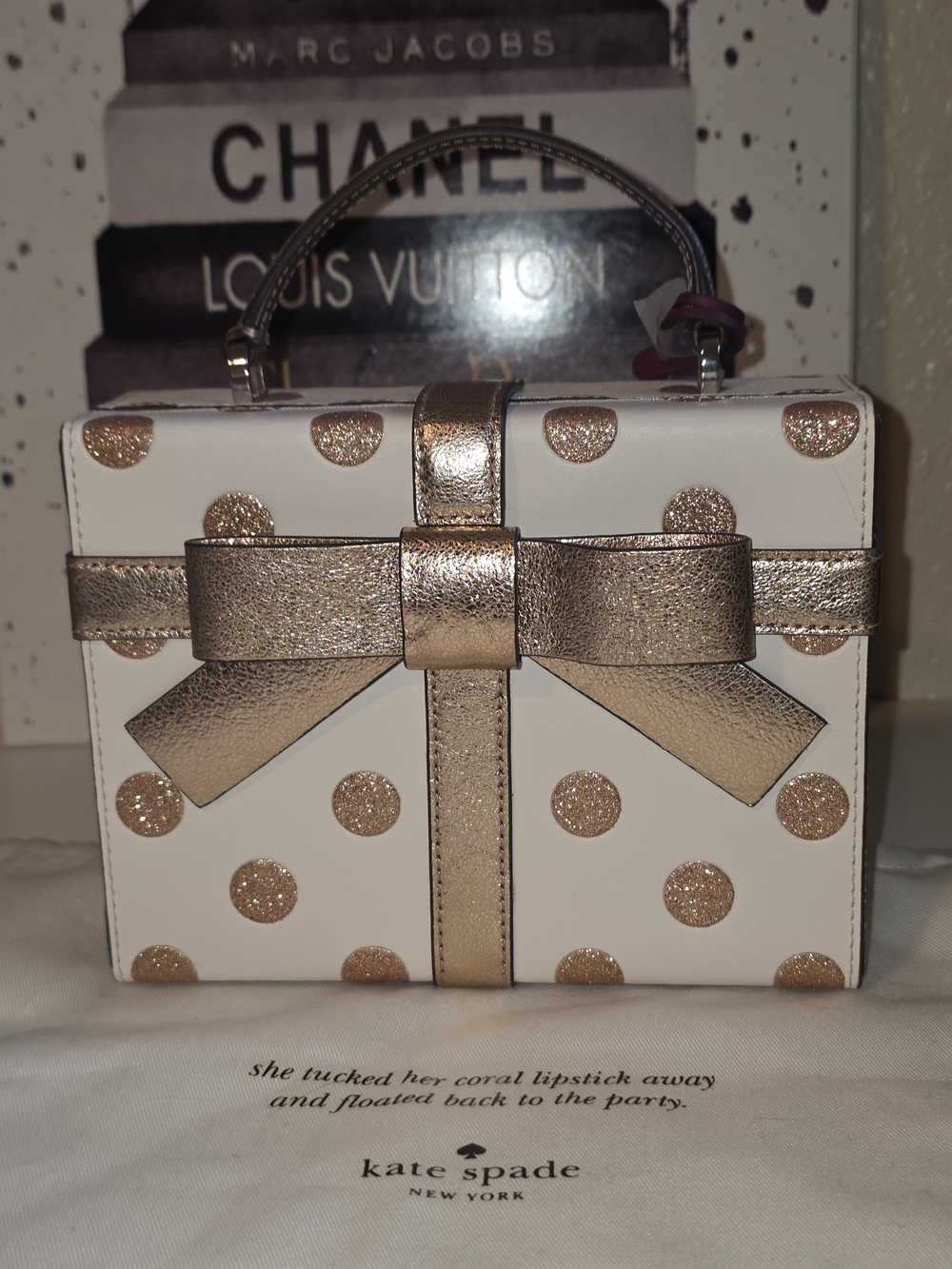 kate spade White Mini Box Bag with Rose Gold Bow & Polka Dots